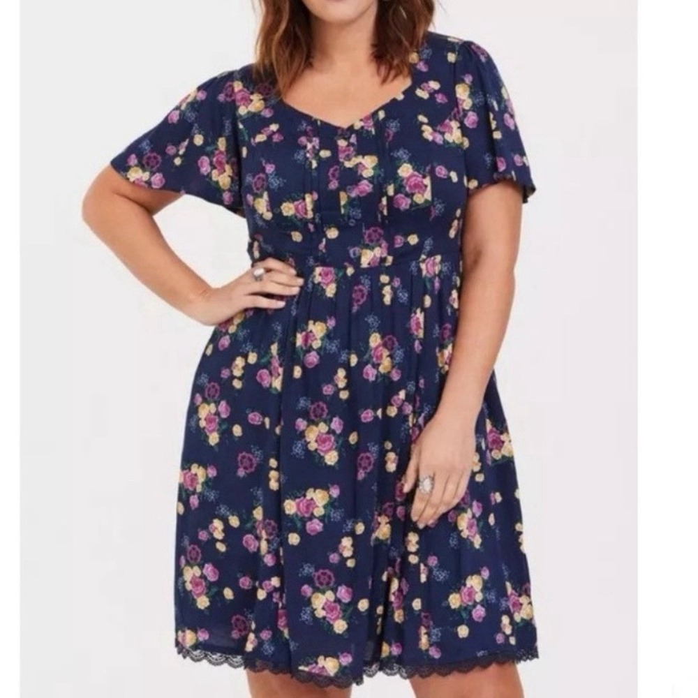 Torrid Outlander Blue Floral Botanical Skater Flare Dress Pockets Plus Size 30‎